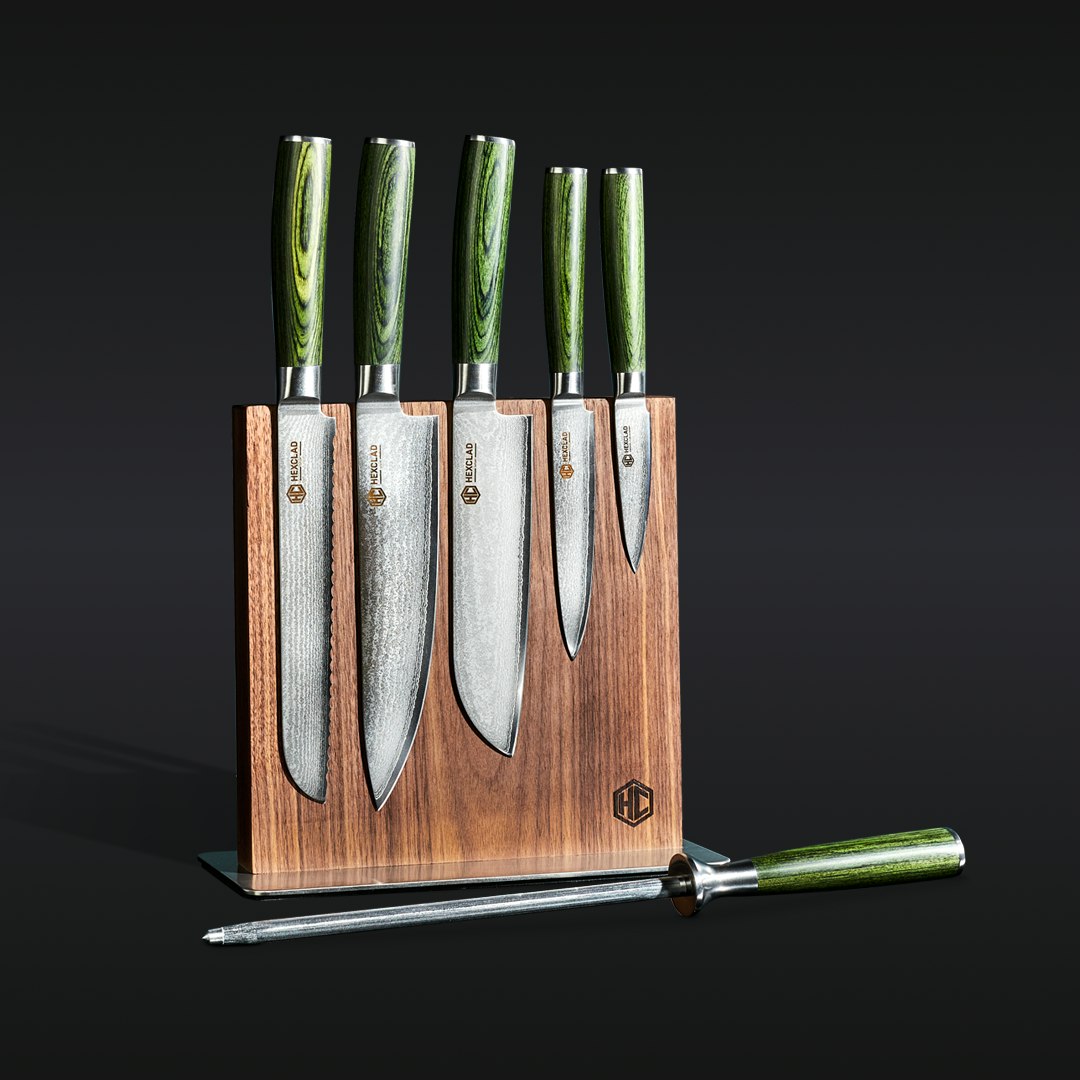 Damascus Steel Knife Set. 7-pc (Green)